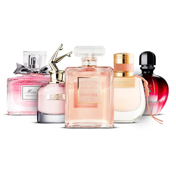 Combination of 5 women's perfumes - Miss Dior Absolutely Blooming, Scandal, Coco Mademoiselle, Nomade and Black XS [100 ml each]