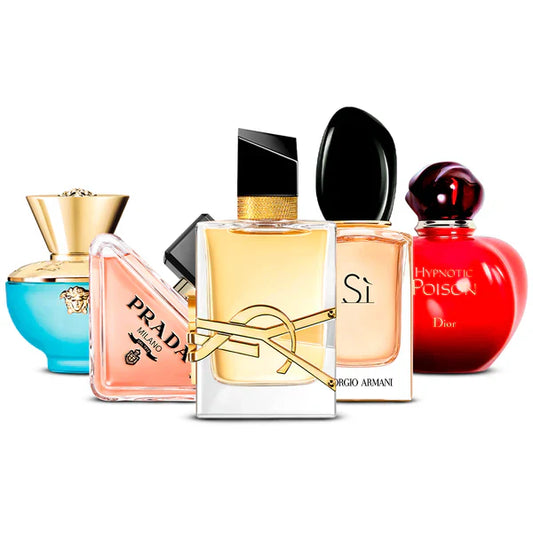 Combination of 5 women's perfumes – Versace Dylan Turquoise, Prada Paradoxe, Yves Saint Laurent Libre, Giorgio Armani Sì and Dior Hypnotic Poison [100 ml each]
