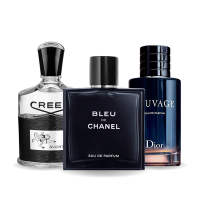 Creed AVENTUS, BLEU DE CHANEL, and Dior SAUVAGE
