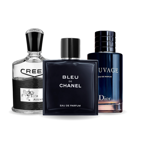 Creed AVENTUS, BLEU DE CHANEL, and Dior SAUVAGE